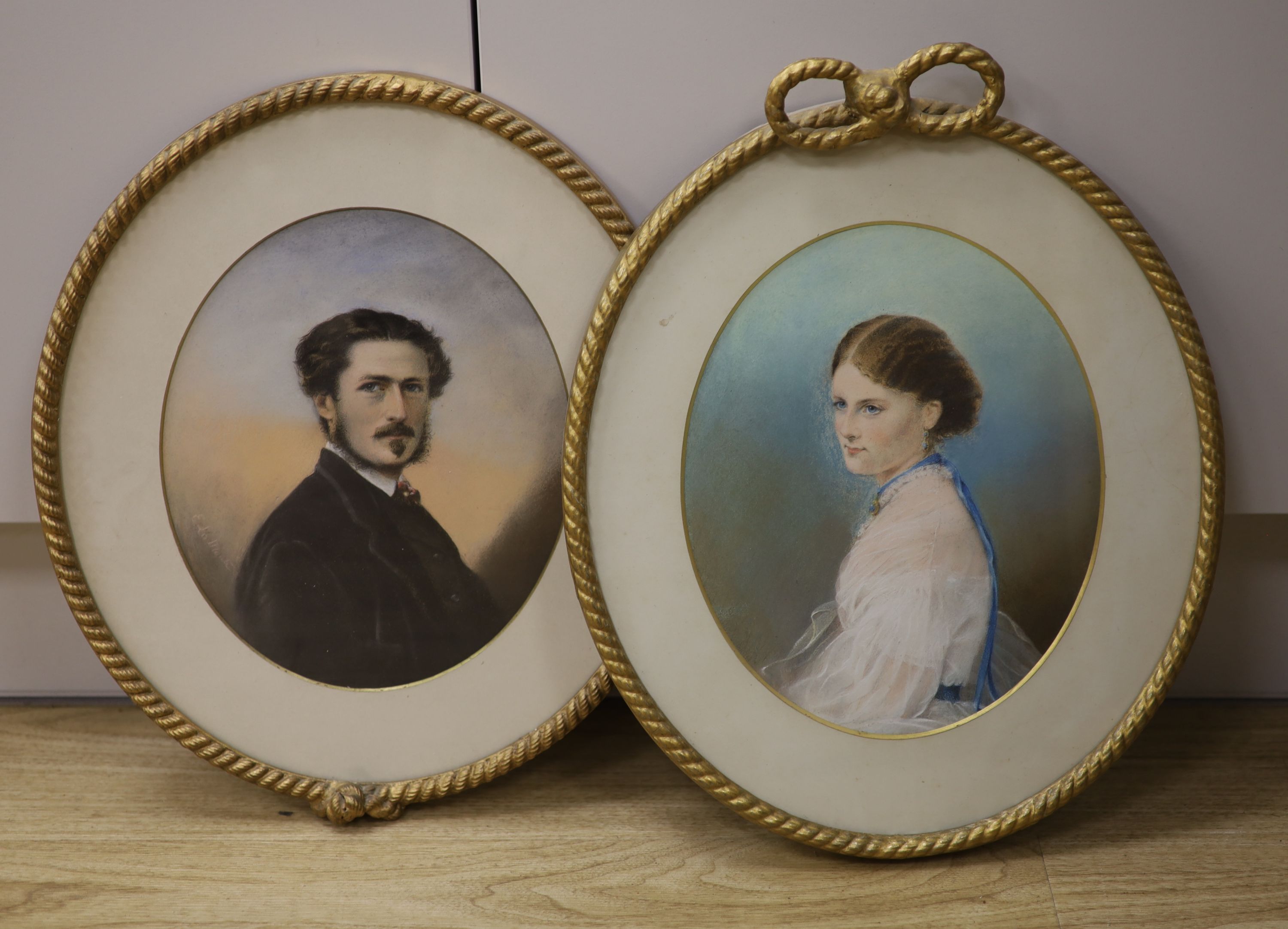 E. La Monte, pair of pastels, Portraits of The Hon Mrs Burges and Colonel Ynyr Henry Burges (1834-1908) one signed, 27 x 22cm